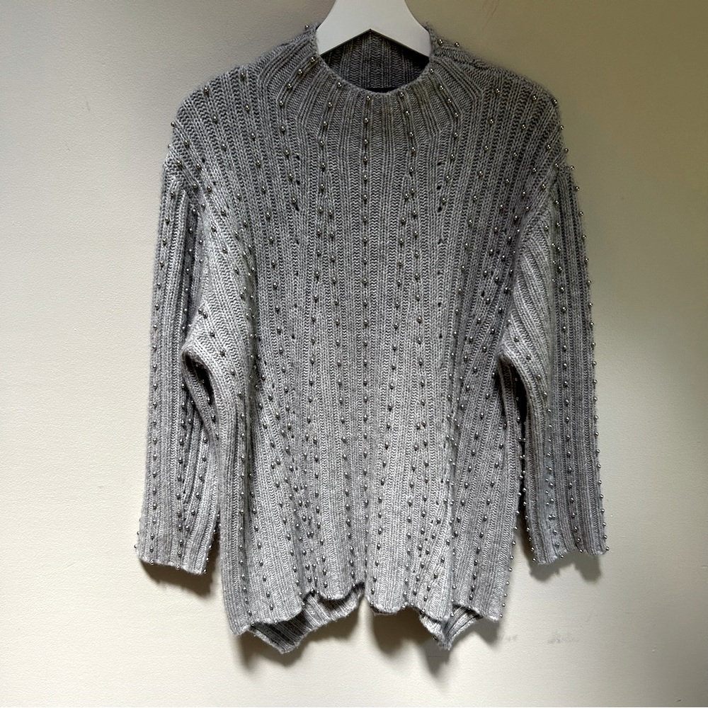 Magaschoni ~Cashmere Mock Neck Beads Long Sleeve Gray Knit Sweater in Medium